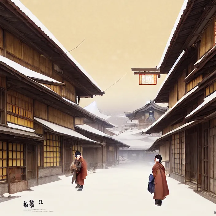 Image similar to empty rural japanese city, winter, in the style of studio ghibli, j. c. leyendecker, greg rutkowski, artem