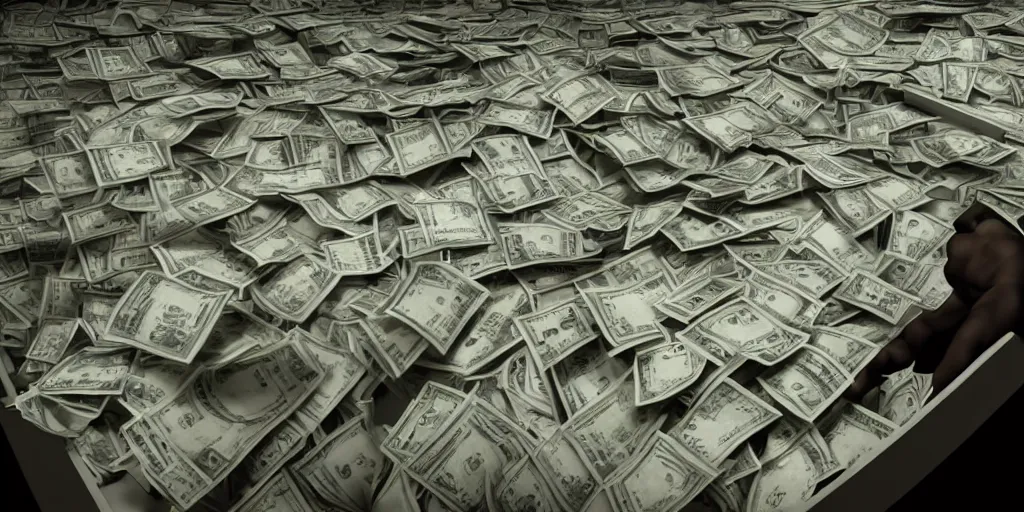 Image similar to a film still of cash money piling up in a vault, shallow depth of field, cinematic, award winning cgi, vfx, film still cfg _ scale : 2 1. 0