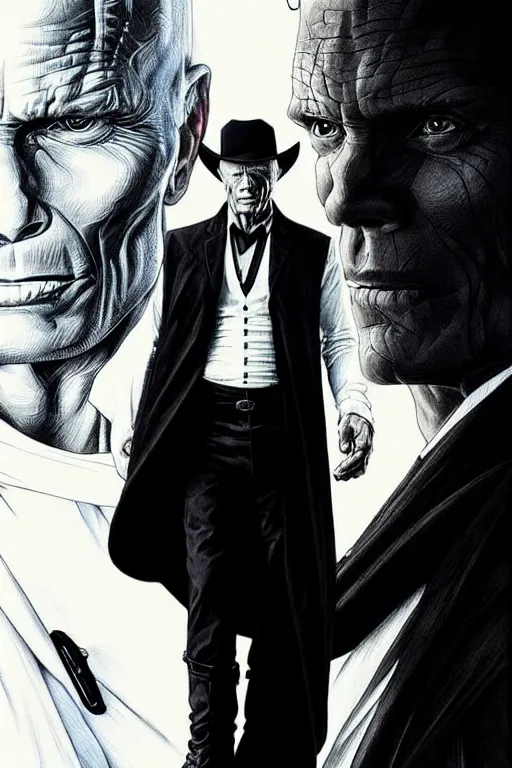 Image similar to ed harris as the man in black, westworld, wearing an all white outfit in the style of art by artgerm and greg rutkowski and alphonse mucha