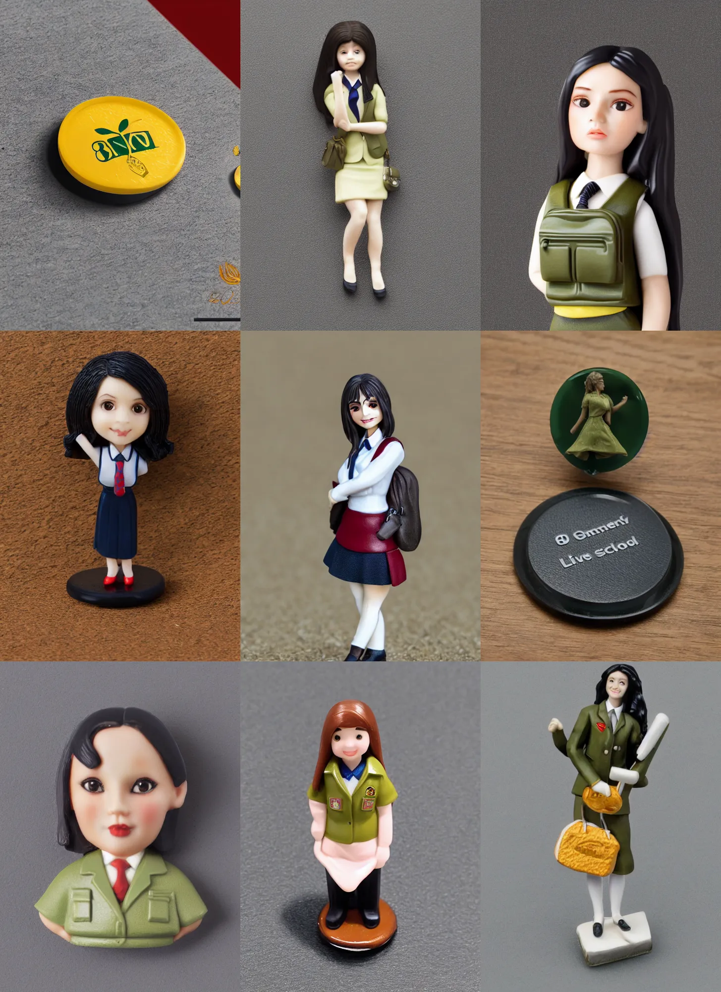 Prompt: 80mm resin detailed miniature of a female, olive skin, school uniform, long black hair, school bag, on textured disc base, Company logo in upper left corner; Miniature product Photo, 4K, Full body