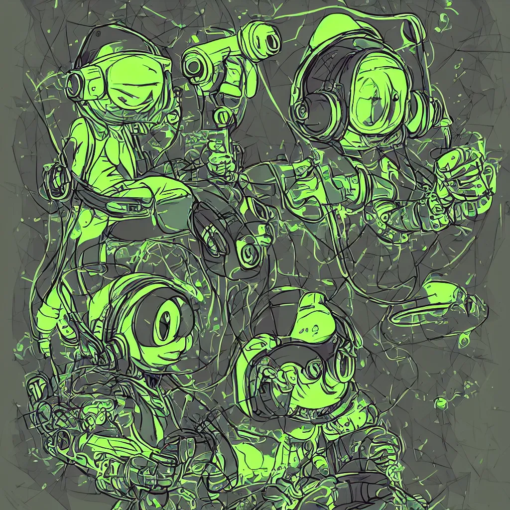 Image similar to a toad wearing headphones, ryuta ueda artwork, breakcore, style of jet set radio, y 2 k, gloom, space, cel - shaded art style, sacred geometry, data, minimal, code, cybernetic, dark, eerie, cyber