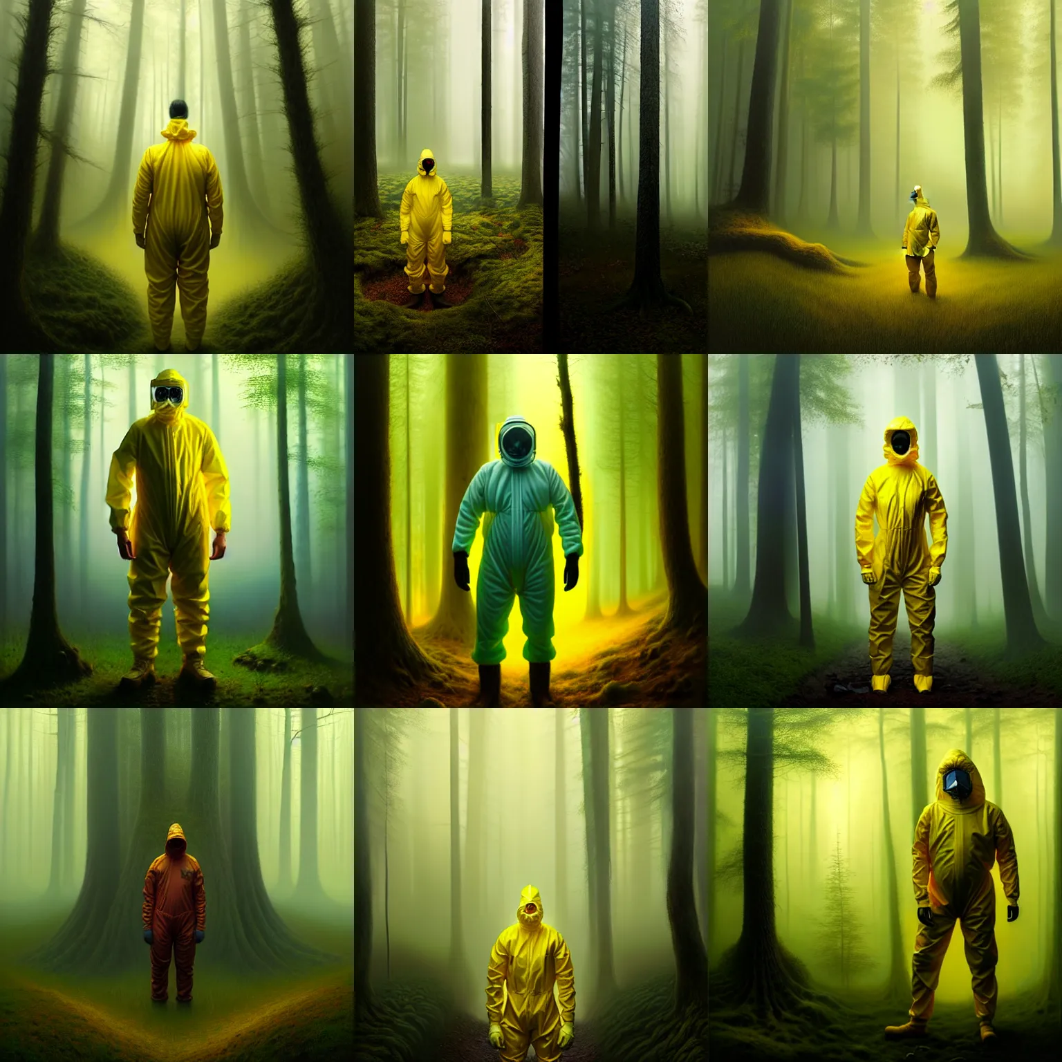 Prompt: a detailed portrait full-body of man wearing hazmat suit, in forest, yellow volumetric fog, by Tomasz Alen Kopera and Peter Mohrbacher, 8k