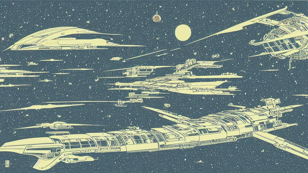 Prompt: A wide shot, galactic spaceship battle, flat design, screen print by Kawase Hasui and dan hillier