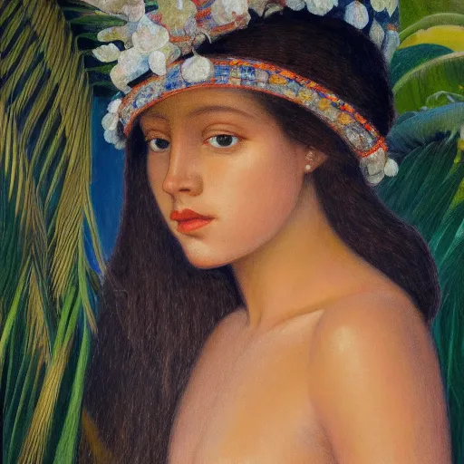 Prompt: a ultradetailed beautiful painting of a girl in the amazonas palace balustrade designed by edward robert hughes, tarsila do amaral, frank weston and gustave baumann, beach, trending on artstation, mediterranean, palm trees, detailed face, sharp focus, soft light, 8 k 4 k