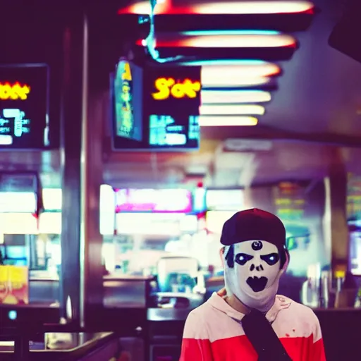 Prompt: ghost portrait working in a fast food restaurant, in a cinematic cyberpunk style, 3 5 mm