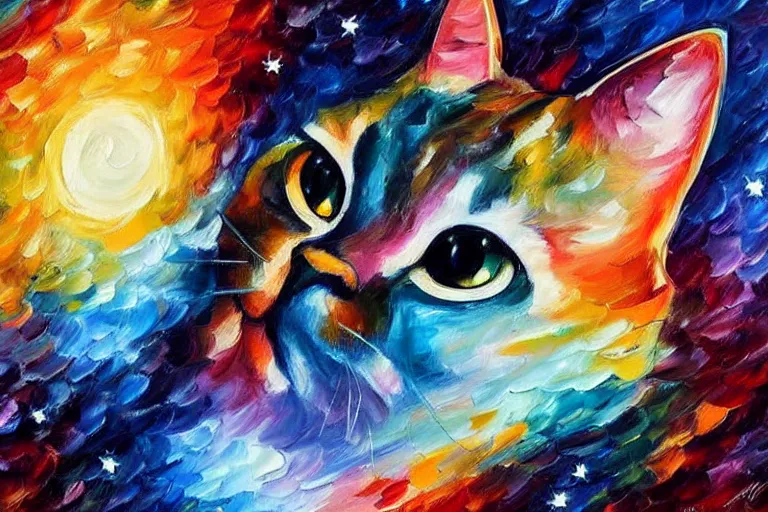 Prompt: the night sky, stars forming the shape of a cat's face, vibrant, sky focus, night time, trending on artstation, artwork by leonid afremov