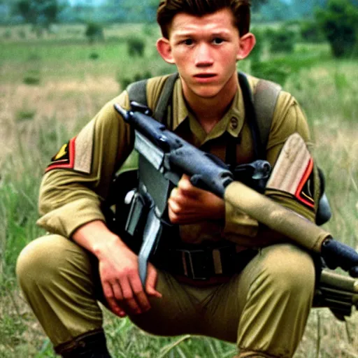 Prompt: tom holland in the vietnam war, 8 k detail