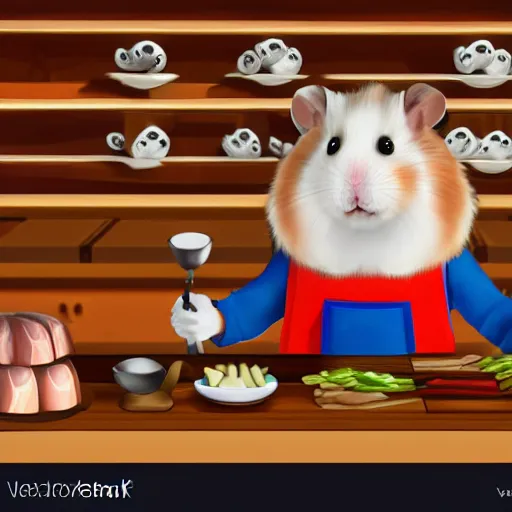 Image similar to a hamster with an evil face, in a butcher shop, holding knives in his hands. standing in front of the table. computer game. realism. magic. the tavern. front view.