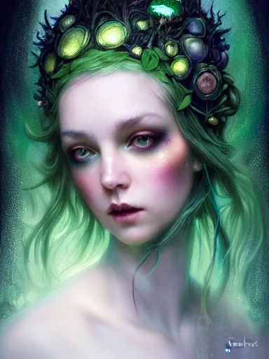 Image similar to green!! forest fae ; by james jean, charlie bowater, tom bagshaw, nikolay makovsky, melanie delon : : enchanting, ethereal, magical, glowing, sparkle, iridescent, flowerpunk, portrait, character design, illustration, hyperrealism, photorealism, digital art, concept art, dark fantasy, weta, wlop, artstation