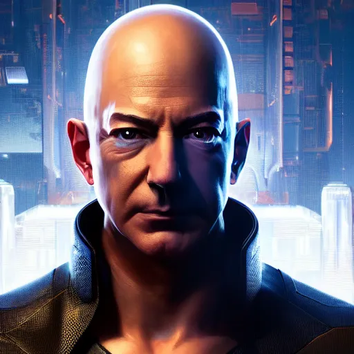 Image similar to front view, imposing, ominous portrait of cyborg Jeff Bezos as a cyberpunk 2077 loading screen, symmetry, front view, intricate, studio, art by anthony macbain + greg rutkowski + alphonse mucha, concept art, 4k, sharp focus