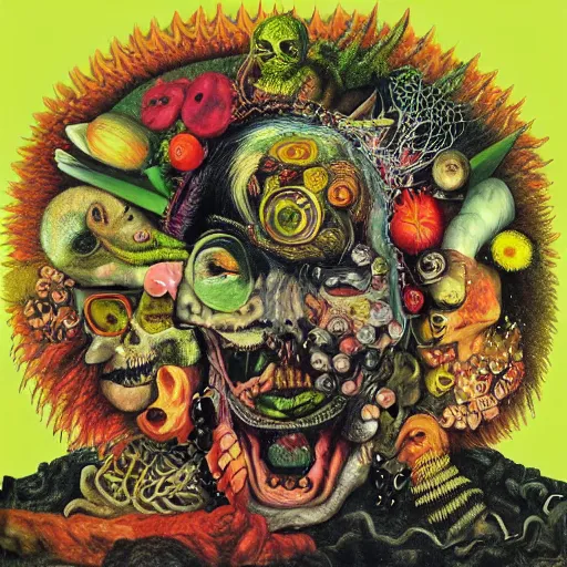 Image similar to punk cd cover, spiral, psychedelic, giuseppe arcimboldo