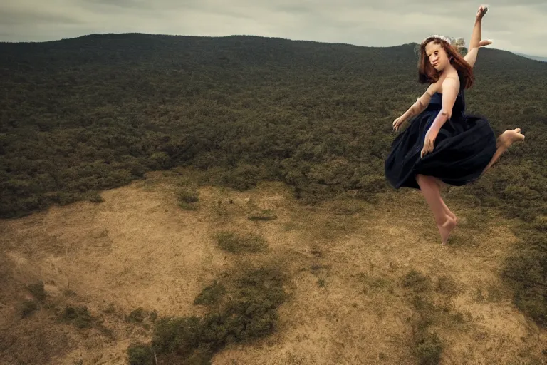 Prompt: photo of beautiful young woman that can fly hovering a few feet off the ground by Emmanuel Lubezki