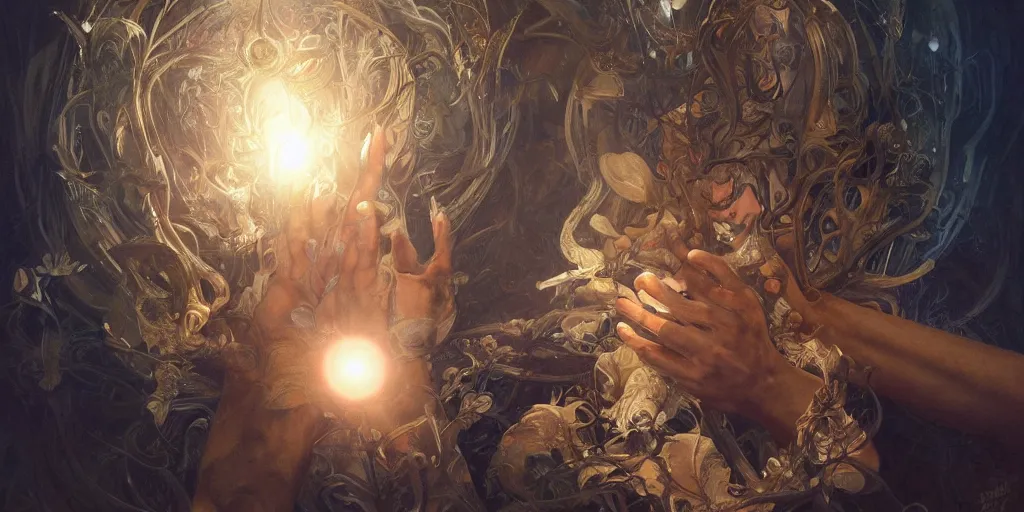 Prompt: too many hands, gnarled, so many hands, fingers, weird amount of hands, intense lighting, light beams, lens flare, intricate, elegant, highly detailed, digital painting, artstation, concept art, smooth, sharp focus, illustration, art by artgerm and greg rutkowski and alphonse mucha