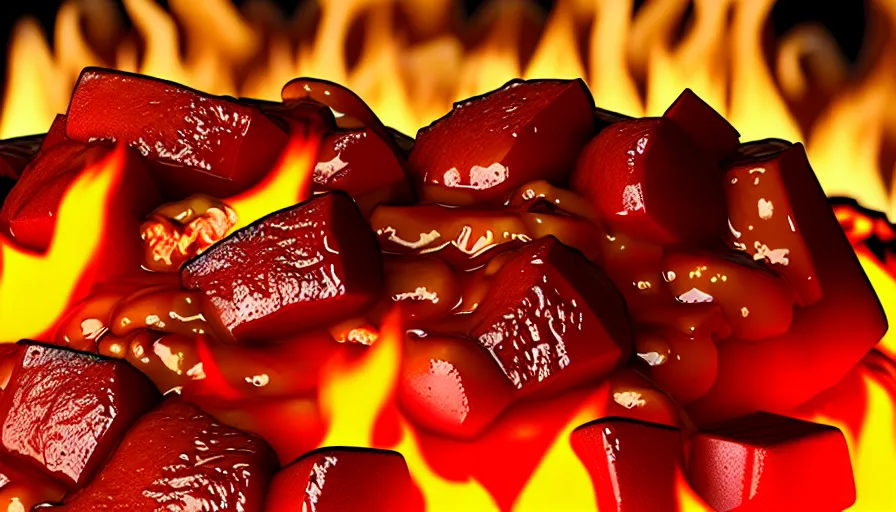 Image similar to poutine ( the canadian meal ) from mount doom, volcano texture, lava texture, fire texture, 8 k, octande render, surface blemishes