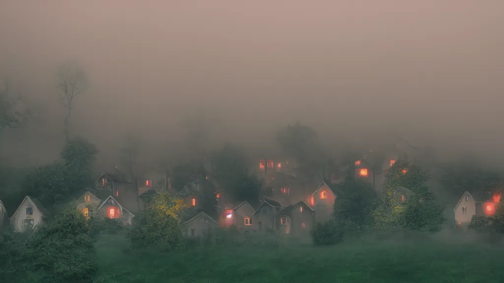 Prompt: village with many beautiful houses in the fog, fog, volumetric lighting, mystique, atmospheric, conept art, teal and orange, sharp focus, ultra detailed, noir arthouse, 4 k, cinematic, 3 5 mm