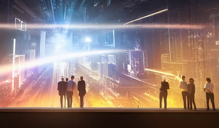 Image similar to sparse group people in simple warehouse, looking at hologram of futuristic city on a table, cinematic concept art, godrays, golden hour, natural sunlight, 4 k, clear details, tabletop model buildings, center model buildings, hologram center, crane shot, crane shot, crane shot