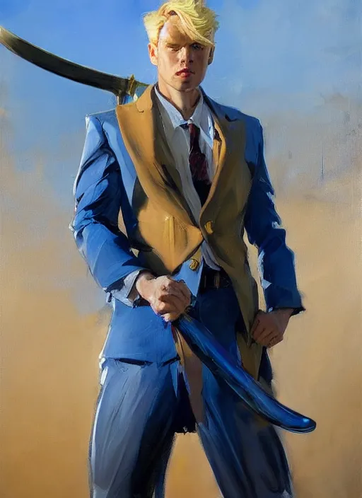 Image similar to greg manchess side portrait of a blond man in a blue suit with a big sword, asymmetrical, profile picture, organic painting, sunny day, matte painting, bold shapes, hard edges, street art, trending on artstation, by huang guangjian, gil elvgren, ruan jia, randy vargas, greg rutkowski