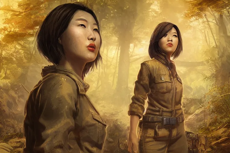 Image similar to fallout 5, charismatic beautiful rugged asian female protagonist, portrait, outdoors in forest area near a tori gate of a nearby shinto shrine, atmospheric lighting, painted, intricate, volumetric lighting, daytime, winter, clear weather, golden hour, sharp focus, ultra detailed, art by william turner