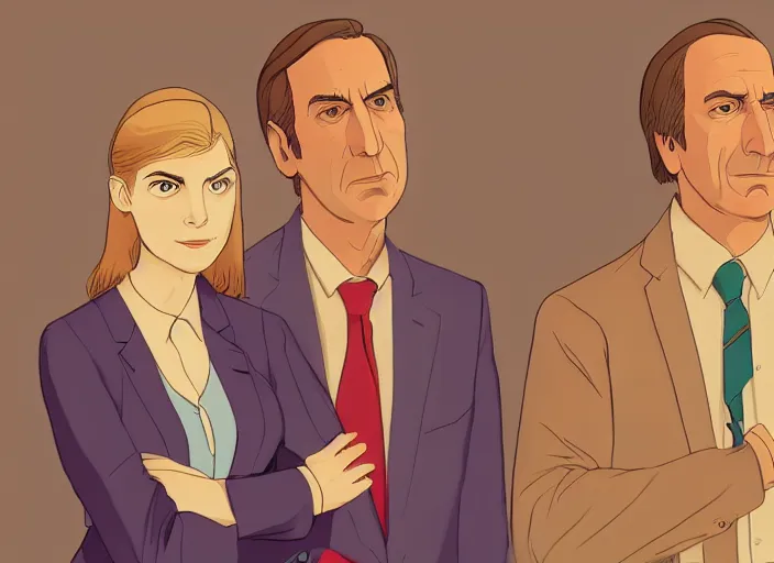 Prompt: kim wexler and saul goodman, ilustration by hayao miyazaki, extremely detailed, artstation, for aaa game, high quality, adobe ilustrator, behance