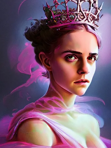 Image similar to pink portrait of young beautiful female angel queen Emma Watson head wearing shiny pink crown, subtle purple accents, hyper details, black metal rococo, sculpted by Alex Alice, Craig Mullins, yoji shinkawa, trending on artstation, beautifully lit, Peter mohrbacher, hyper detailed, insane details, intricate, elite, elegant, luxury, ray of light through smoke, CGsociety, hypermaximalist, golden ratio, volumetric, octane render, weta digital, micro details, 3d sculpture