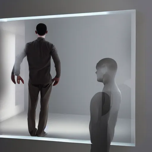 Image similar to human holograph looking to his refelection in mirror