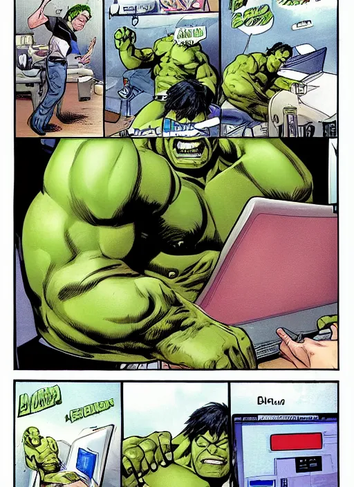 Image similar to Hulk trying to learn how to type on a computer, frustrated, vertigo comic panel, detailed, trending on artstation,