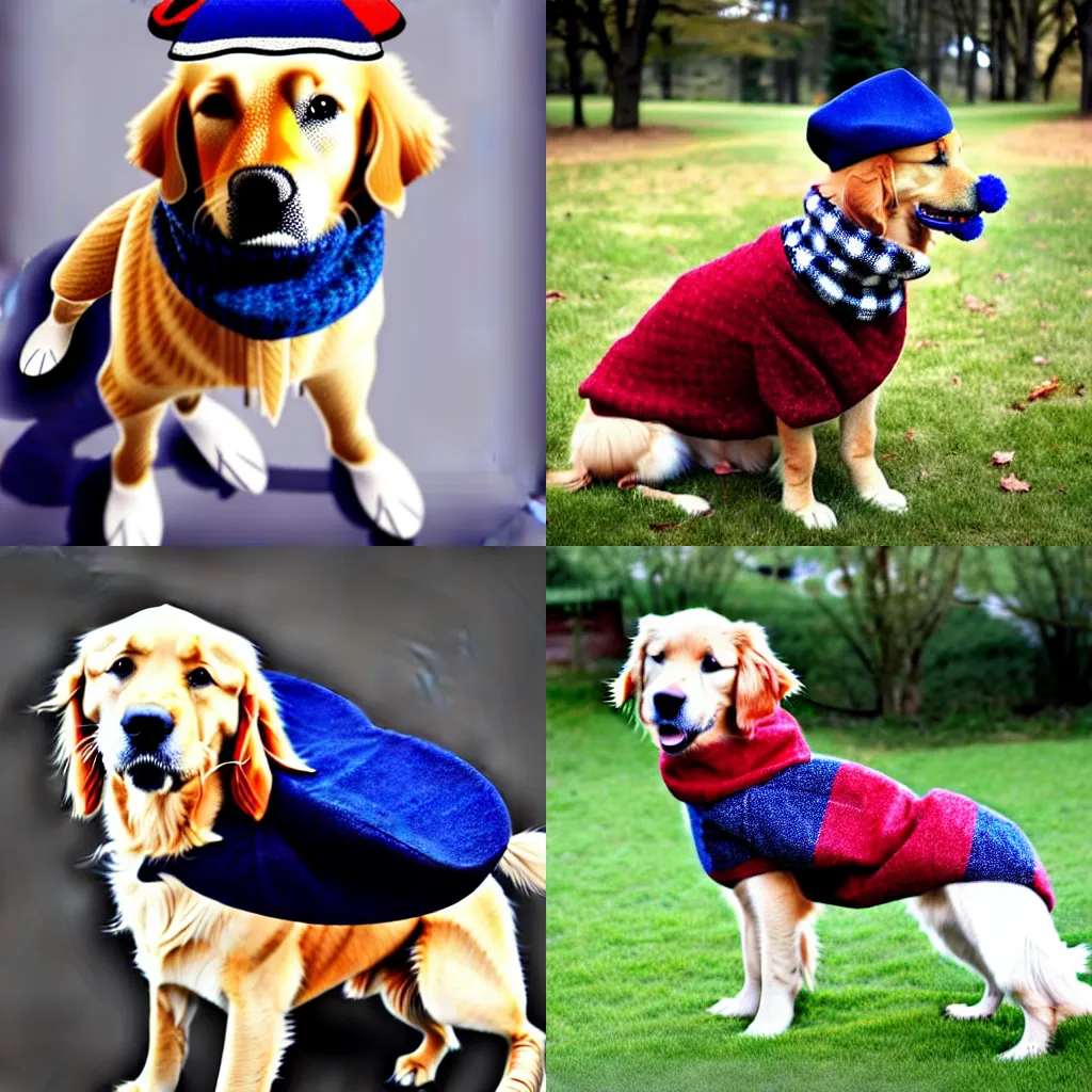 Prompt: A Golden Retriever dog wearing a blue checkered beret and red dotted turtleneck, style of tim burton