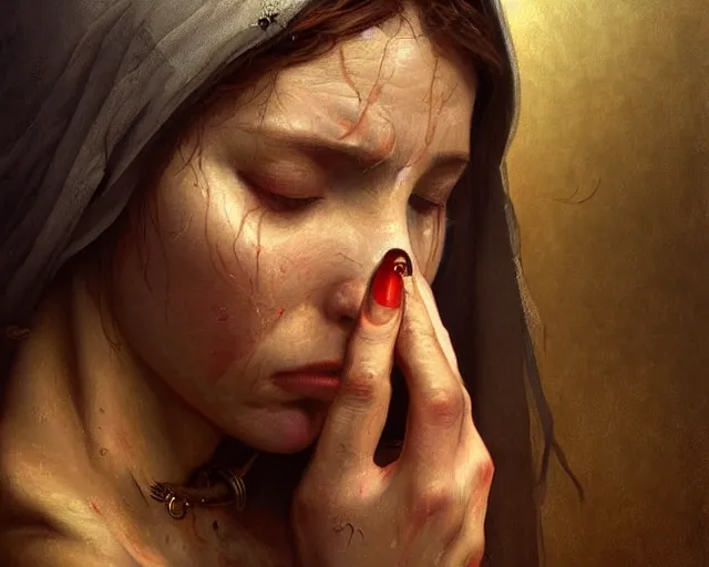 Image similar to poor hungry woman praying to a cross and crying, emotional sad painting, very poor, hungry, medieval peasants, fantasy, cruel, dramatic lighting, intricate, wild, highly detailed, digital painting, artstation, concept art, smooth, sharp focus, illustration, art by artgerm and greg rutkowski and alphonse mucha