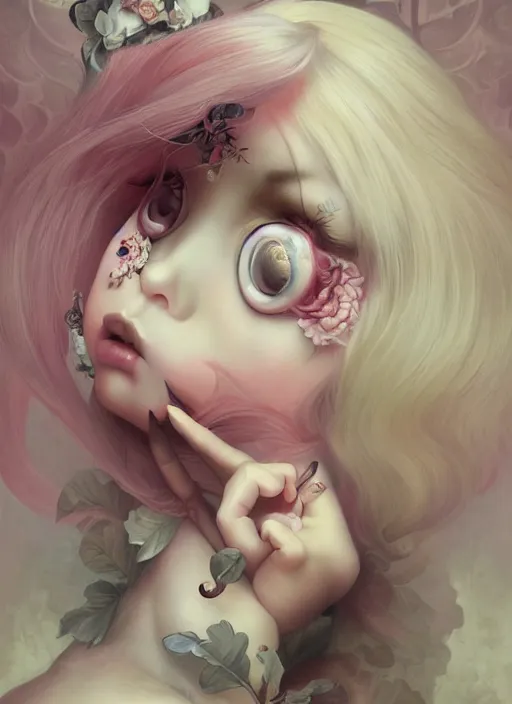 Image similar to pop surrealism, lowbrow art, realistic cute seductive girl painting, japanese street fashion, hyper realism, muted colours, rococo, natalie shau, loreta lux, tom bagshaw, mark ryden, trevor brown style,