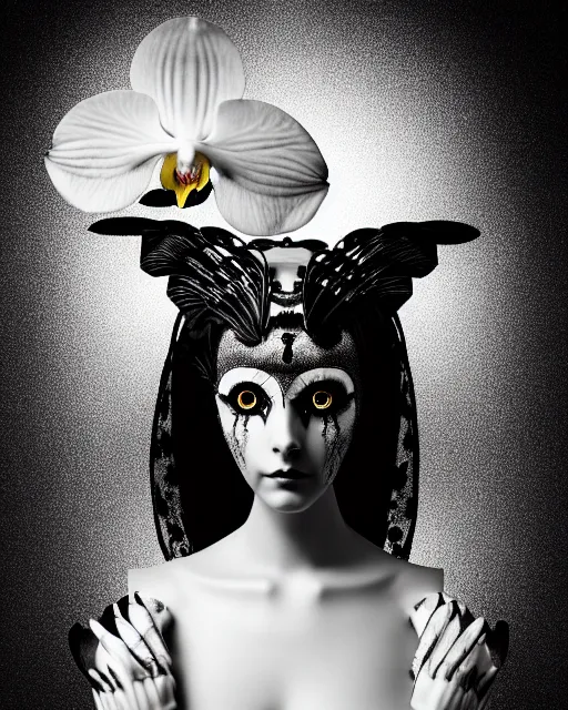 Image similar to surreal mythical dreamy dark artistic black and white fine art 3 / 4 fashion portrait photo of a young beautiful delicate female robot - owl with orchid - doll face, rim light, cinematic, studio dramatic light, poetic, masterpiece, octane render, 8 k, photo - realistic by gustave dore hg giger tamara de lempika