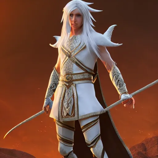 Image similar to a highly detailed male elf in full length, with white long hair, white clothes, bright blue eyes, artstation, DeviantArt, professional, octane render