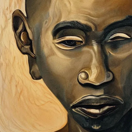 Image similar to a painting of a elegant, well fed, smooth-chinned, long nose, African old man with few eyebrows by Wangechi Mutu . thinker without facial hair, thoughtful, focused, visionary, calm, jovial, loving, fatherly, generous, . dramatic angle, ethereal lights, details, smooth, sharp focus, illustration, realistic, cinematic, artstation, award winning, rgb , unreal engine, octane render, cinematic light, macro, depth of field, blur, red light and clouds from the back, highly detailed epic cinematic concept art CG render made in Maya, Blender and Photoshop, octane render, excellent composition, dynamic dramatic cinematic lighting, aesthetic, very inspirational, arthouse.