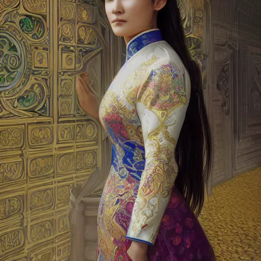 Image similar to woman wearing ao dai, ultra realistic, concept art, intricate details, highly detailed, photorealistic, octane render, 8 k, unreal engine. art by artgerm and greg rutkowski and alphonse mucha