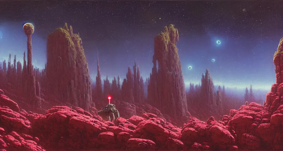 Prompt: a large mech suit flying through a rocky forest valley, underneath a star filled night sky, harold newton, zdzislaw beksinski, donato giancola, warm coloured, gigantic pillars and flowers, maschinen krieger, beeple, star trek, star wars, film, atmospheric perspective