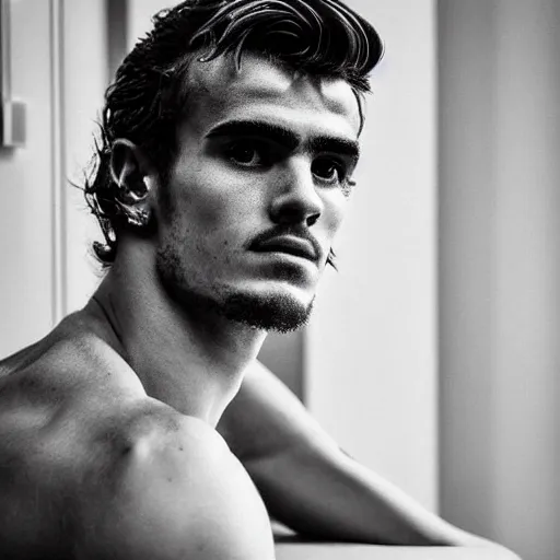 Image similar to “ a realistic detailed photo of a guy who is an attractive humanoid who is half robot and half humanoid, who is a male android, soccer player antoine griezmann, shiny skin, posing like a statue, blank stare, on the bed, on display ”