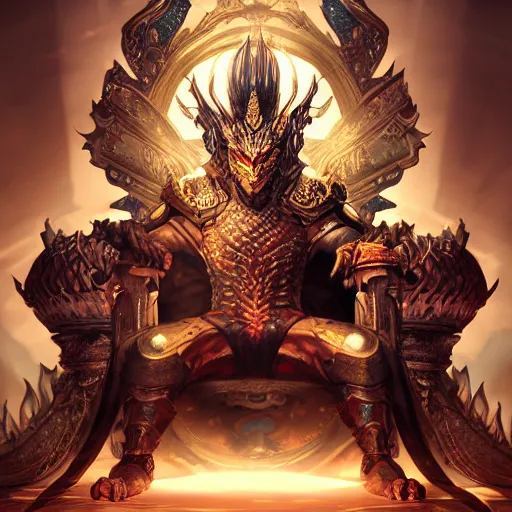 Image similar to A stunning comic book style portrait painting of a dragon emperor sitting on his throne, in the style of WLOP, 8k masterpiece, cinematic lighting, dynamic lighting, pristine and clean design, high fantasy, CGSociety, insanely detailed, atmospheric, matte painging,