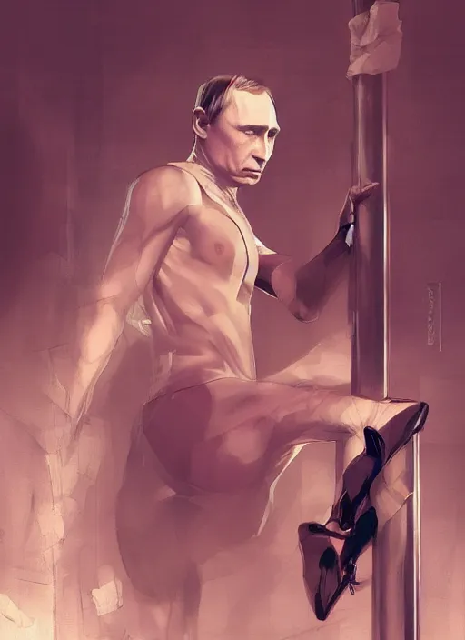 Prompt: vladimir putin, wearing in stocking, mesh shirt, in a strip club, dancing on a pole, elegant, digital painting, concept art, smooth, sharp focus, finely detailed illustration, beautifully framed, from Metal Gear, in the style of Artgerm and Greg Rutkowski and William-Adolphe Bouguerea
