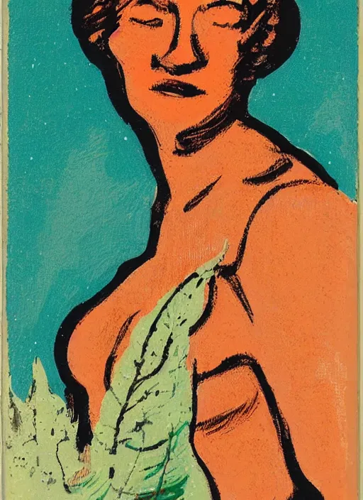 Prompt: an extreme close - up portrait of a lady in a scenic representation of mother nature and the meaning of life by billy childish, thick visible brush strokes, figure painting by anthony cudahy and by beal gifford, vintage postcard illustration, minimalist cover art by mitchell hooks