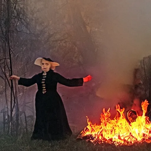 Image similar to rainbow fire burning a witch during salem trial