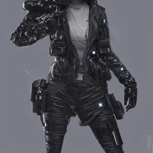 Prompt: full body long shot Korean female wearing Cuberpunk 2077 Techwear Jacket and VR goggles, intricate, elegant, highly detailed, digital painting, artstation, concept art, smooth, sharp focus, illustration, art by artgerm and greg rutkowski and alphonse mucha