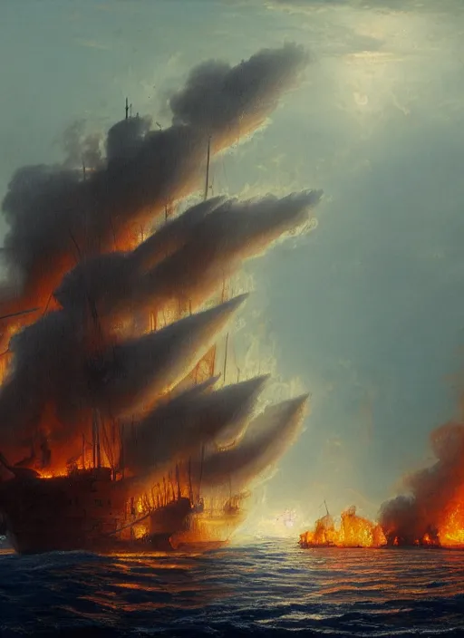 Image similar to painting of a ship burning in heavy flames in the middle of the ocean, a detailed matte painting by vilhelm lundstrøm, cgsociety, neo - romanticism, chillwave, matte drawing, official art