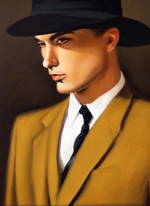 Prompt: a portrait of an elegant man in an expensive suit wearing a hat highly detailed, dramatic lighting, intense shadows, rich deep colours, by jack vettriano