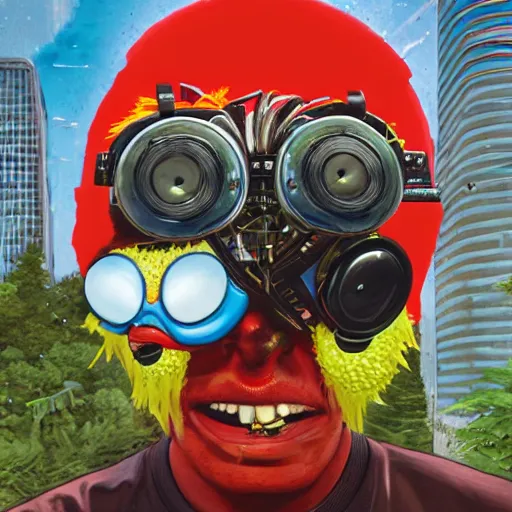 Image similar to a portrait of an anthropomorphic tennis ball monster by sandra chevrier, detailed render, tape deck, boombox, headphones, epic composition, cybernetics, 4 k realistic, cryengine, realistic shaded lighting, sharp focus, masterpiece, by matteo scalera, gary montalbano, peter elson in the style of the tokyo ghost comic