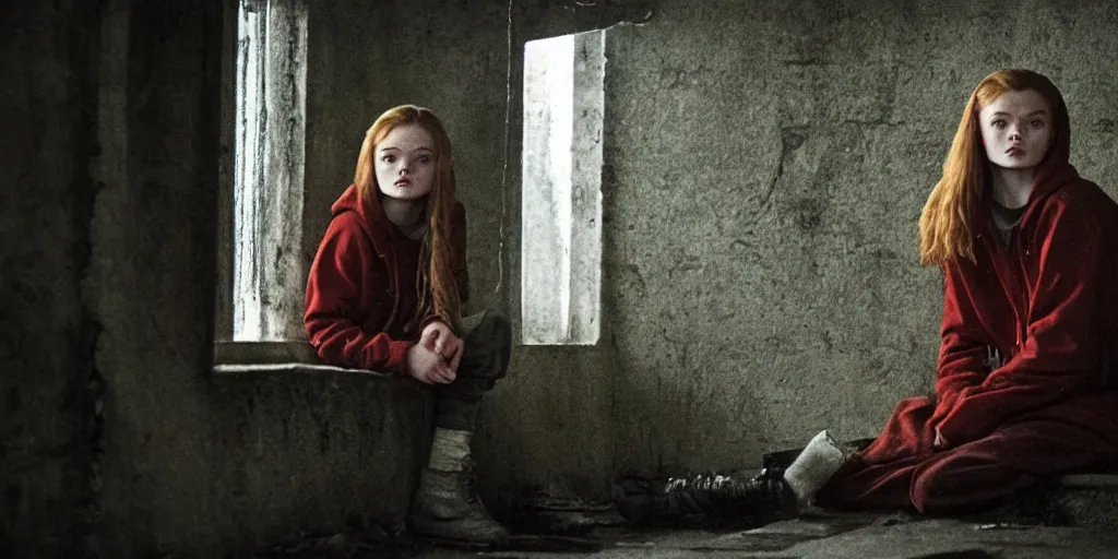 Prompt: at night, sadie sink in hoodie sits on windowsill, knees tucked in. rain falls, old brick wall with ussr propaganda posters : 1 6 mm film, anamorphic, single long shot from schindler's list by steven spielberg. cyberpunk, cinematic atmosphere, detailed and intricate, perfect anatomy