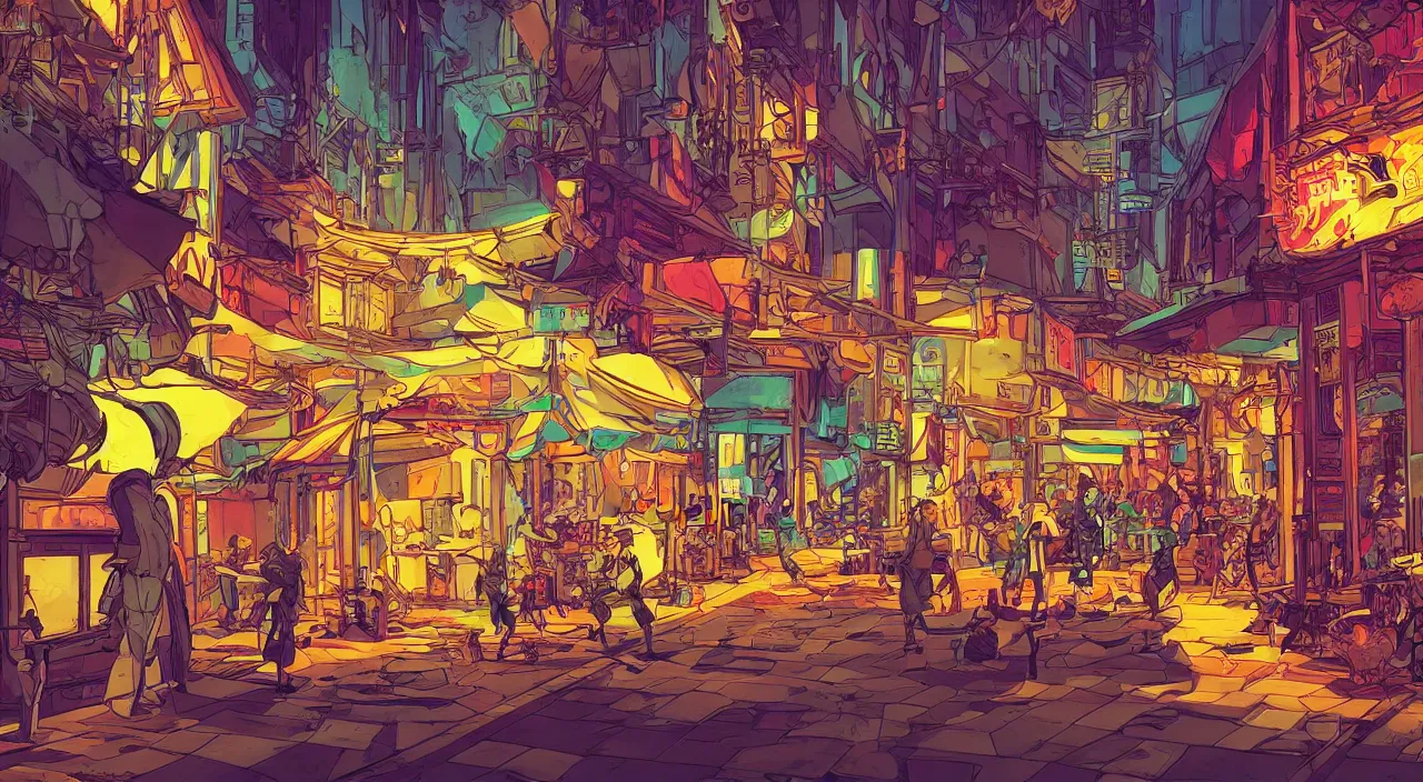 Image similar to bazaar zouk oriantal full color sky shine place mosquet painting stylized cutout vector digital illustration video game icon global illumination ray tracing that looks like it is from borderlands and by feng zhu and loish and laurie greasley, victo ngai, andreas rocha, john harris