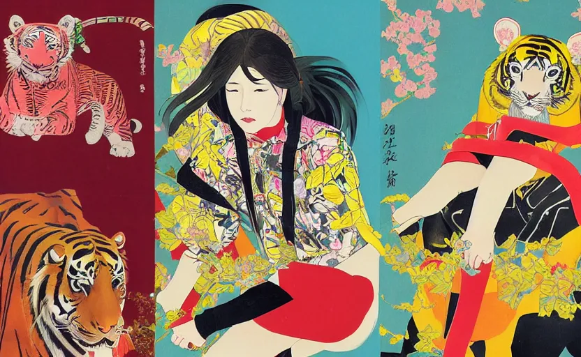 Prompt: a red delorean and a yellow tiger, colourful magazine collage, art by hsiao - ron cheng and utagawa kunisada