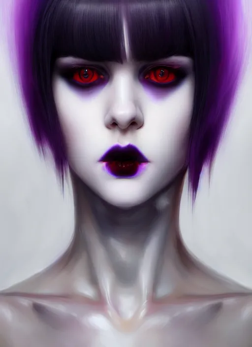 Image similar to portrait of white teenage girl, normal face, white bangs, mall goth, cyberlox, black and white hair, bangs, fluffy bangs, red contact lenses, purple lipstick, intricate, elegant, highly detailed, digital painting, artstation, concept art, sharp focus, smooth, illustration, art by wlop, mars ravelo and greg rutkowski