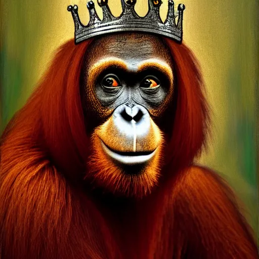 Image similar to a royal medieval portrait painting of an orangutan wearing a crown and smoking a cigarette, 4 k, hyper realistic, dslr, landscape, high resolution, painting,