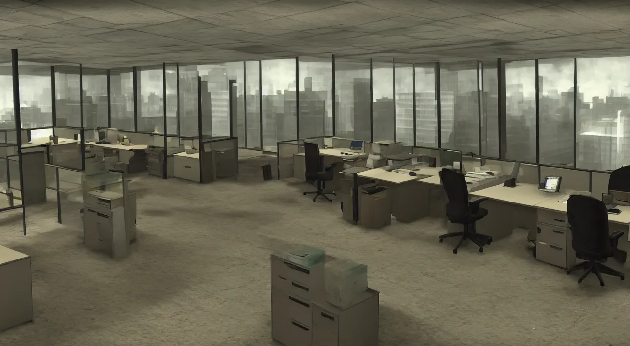 Image similar to A man in the office at 3AM with multiple cubicles and a window that provides a view of the city, Source Engine, Gmod, Half Life 2