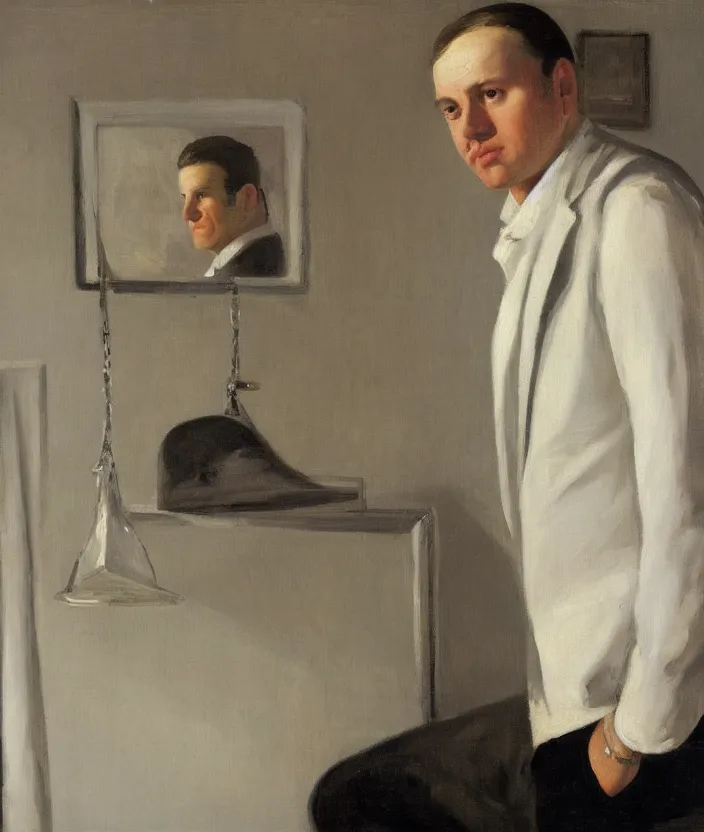 Image similar to a very detailed portrait of a man in a white shirt and a leather jacket over his shoulder, the man is wearing a lot of silver necklaces, in the style of edward hopper and oswald hornby joseph birley, very small brushstrokes, 4 k,